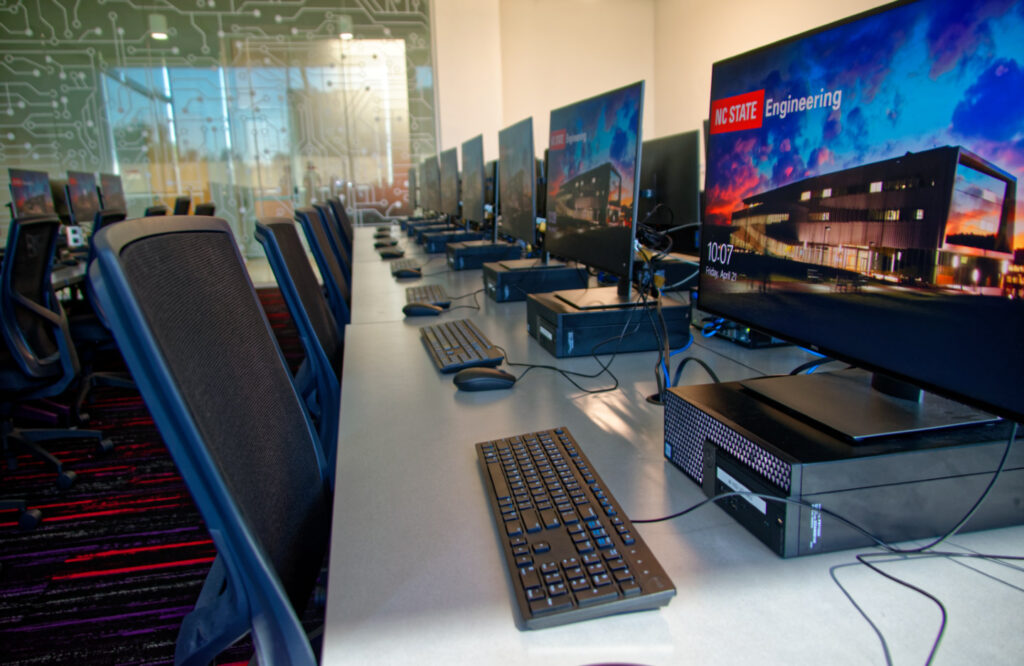 A row of computer's from the Fitts-Woolard Hall computer lab