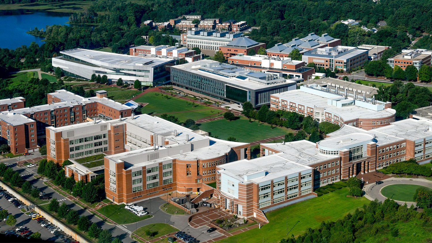 The Engineering Oval on Centennial Campus includes the new Fitts-Woolard Building, next to the Hunt Library.