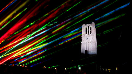 The Wolfpack community enjoyed a laser show at the Belltower during Packapalooza festivities on August 26, 2023.